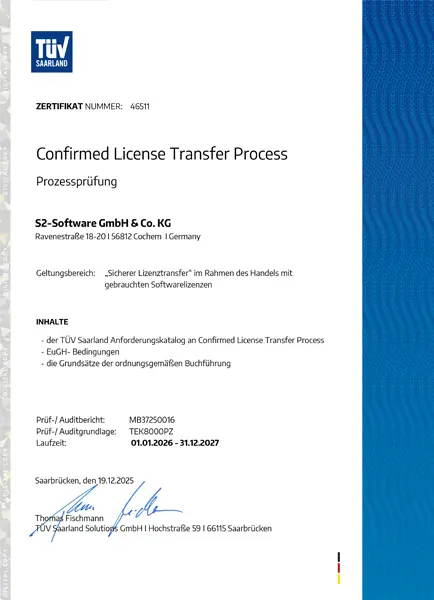 s2-Software receives TÜV Saarland certification for secure license transfer