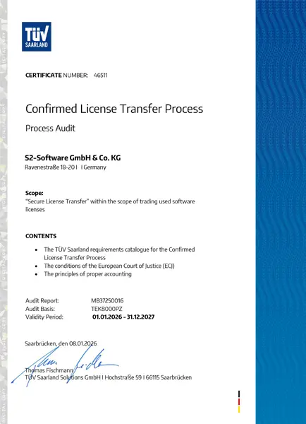 s2-Software receives TÜV Saarland certification for secure license transfer